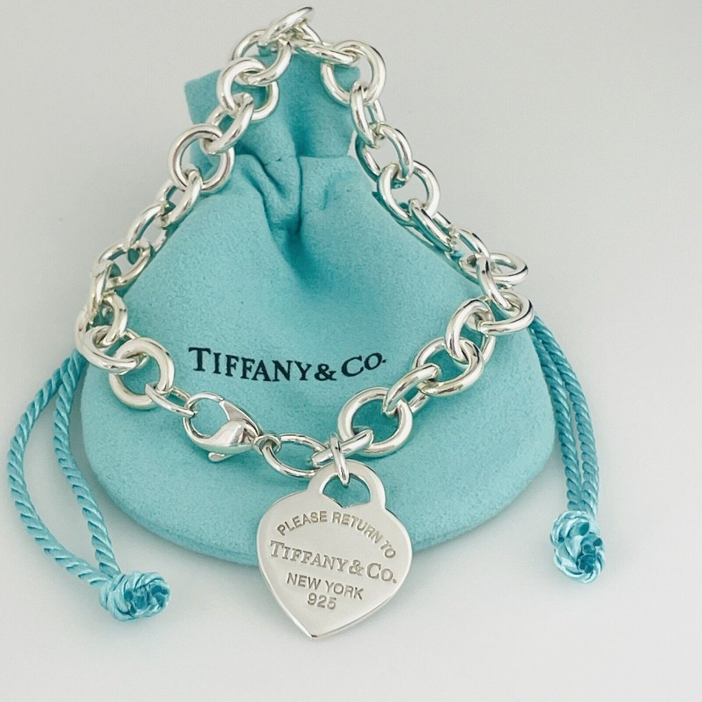 Please Return To Tiffany Heart Tag Charm Bracelet With Tiffany Blue Gift Pouch